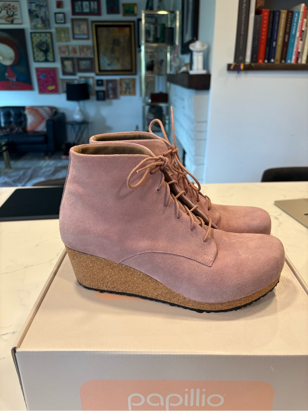 Papillon by Birkenstock Edith Lavender Blush Suede Lace-Up Wedge Ankle Boots
